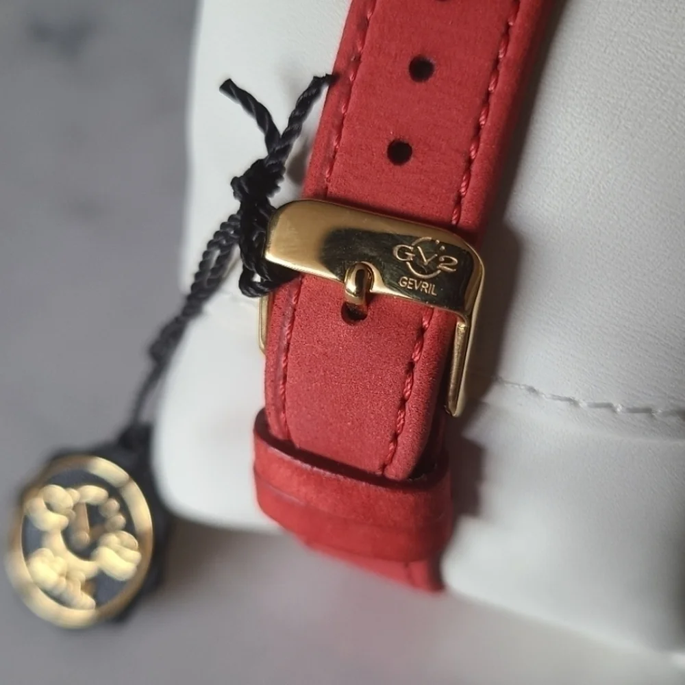 GV2 Gevril Bari Tortoise Diamond Watch, Red Suede Strap, NWT